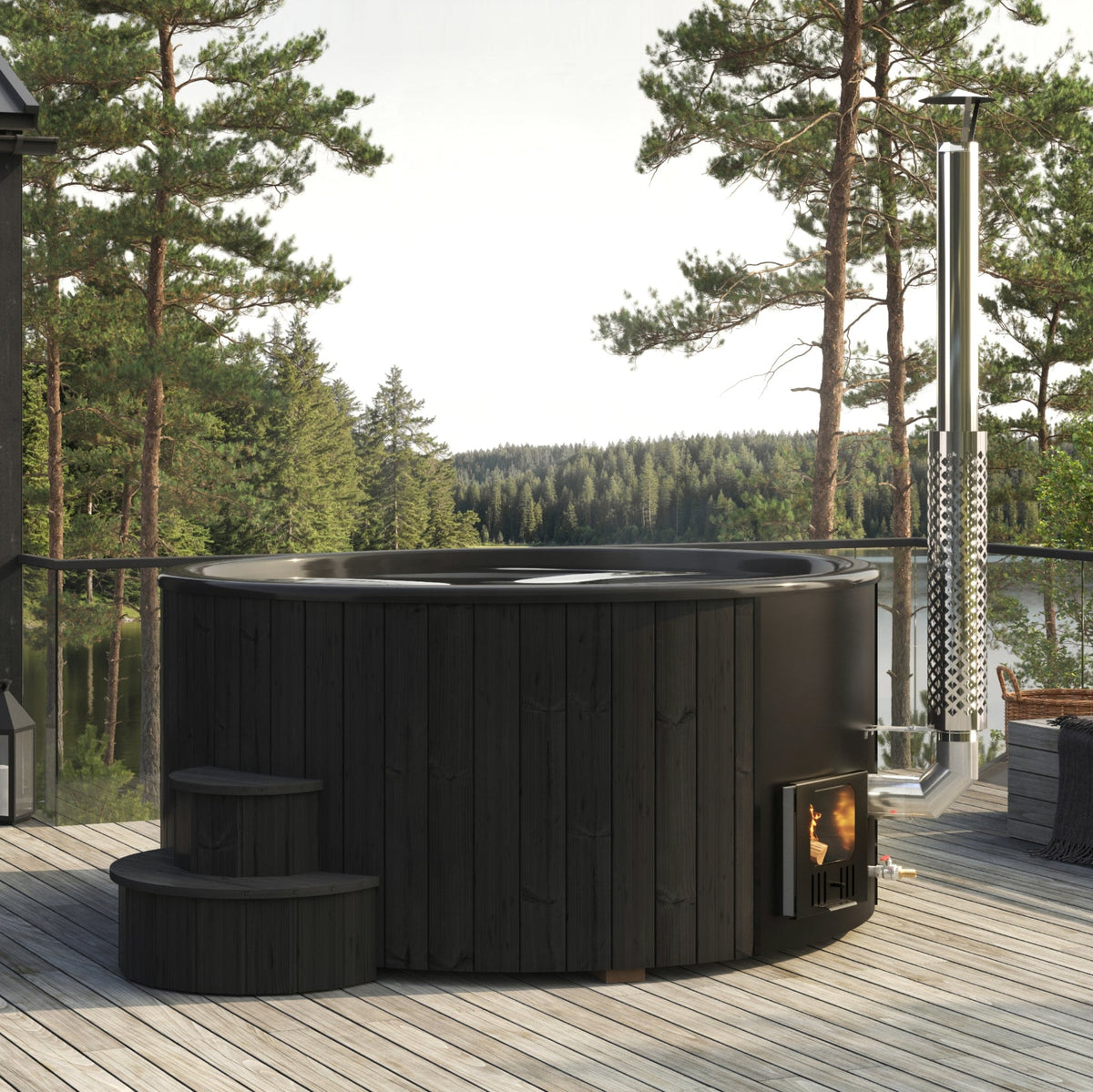 SaunaLife S6B black hot tub on a wooden deck with a forest view