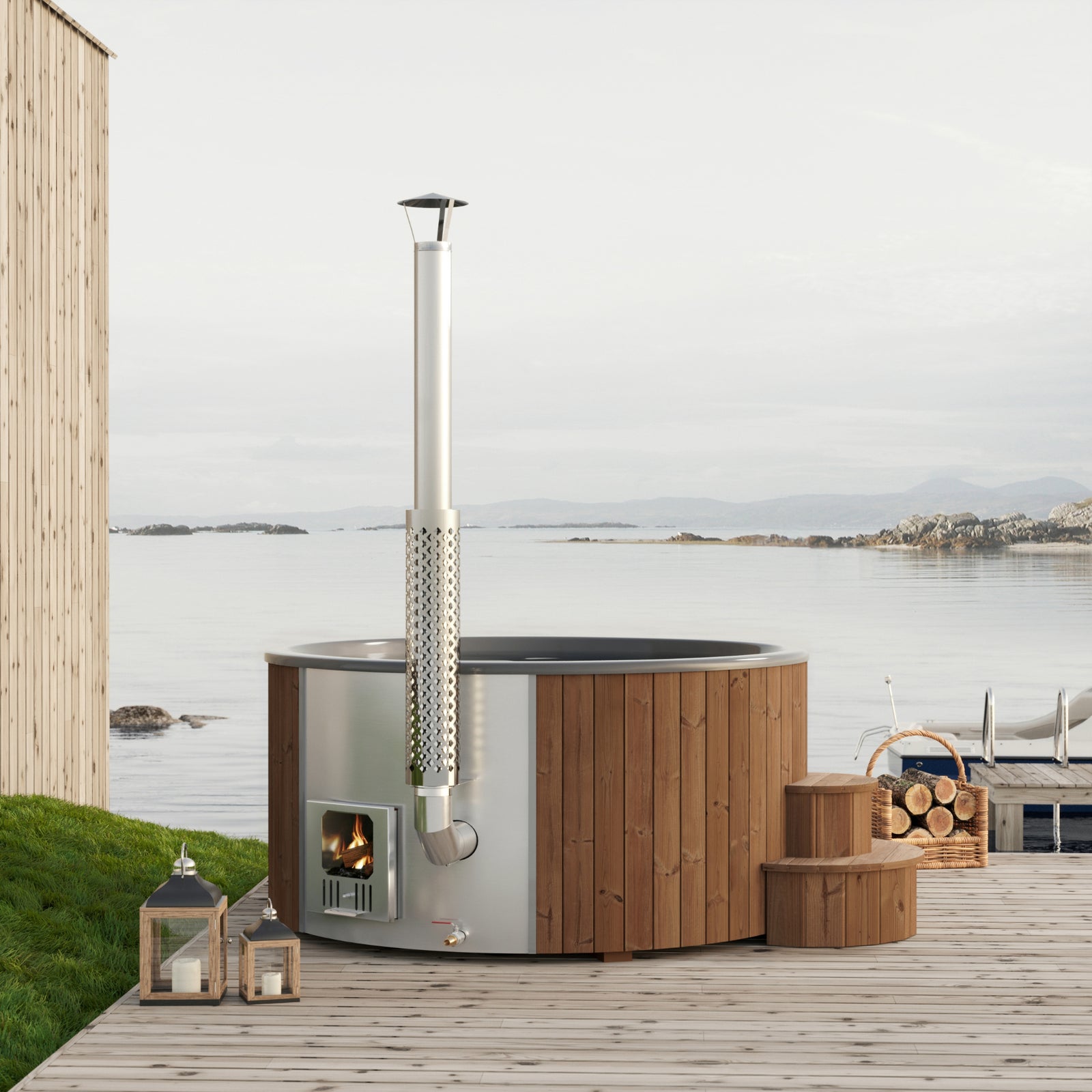 SaunaLife S6N wooden hot tub with  chimney on a white background