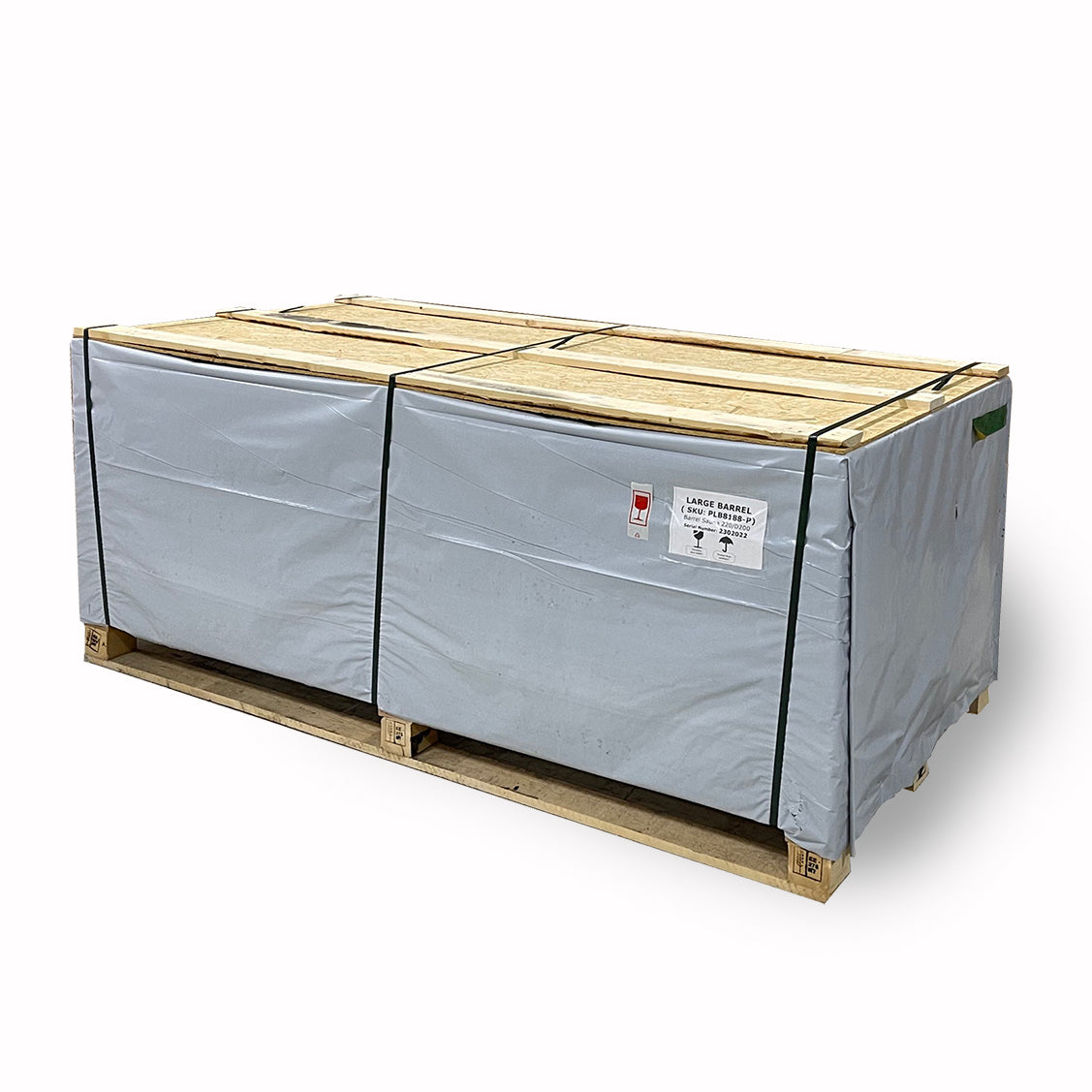Pallet with a large crate box wrapped in gray covering, used for shipping SaunaLife saunas from the manufacturer's warehouse to our customer's delivery location, on a white background
