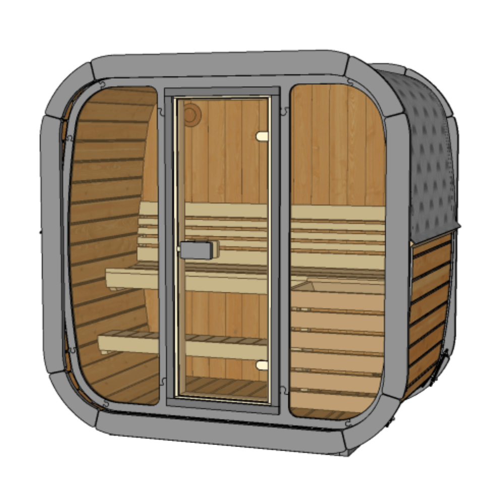 SaunaLife CL4G Cube-Series 3-Person Outdoor Sauna Kit with contoured seating and arched backrests for unmatched comfort