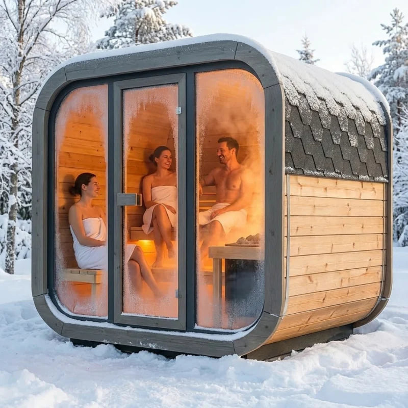 SaunaLife CL5G sauna in a snowy outdoor setting with people inside.