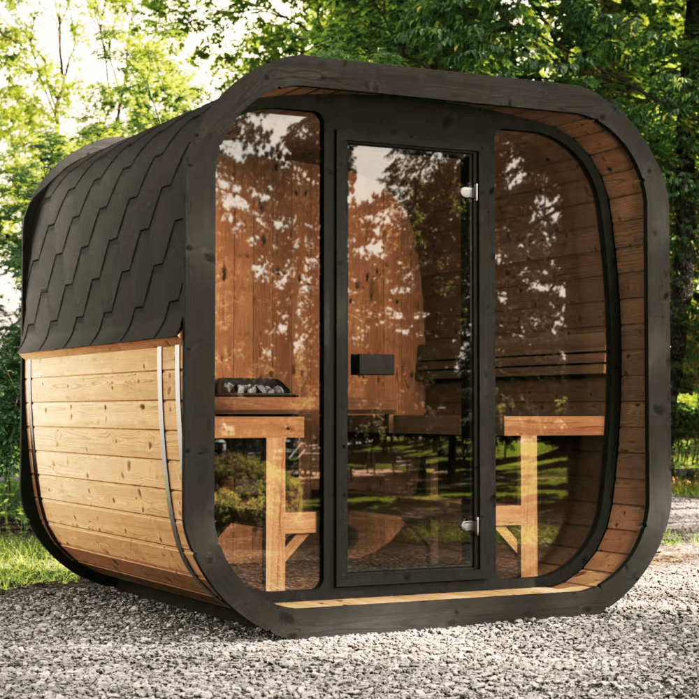 SaunaLife CL7G 6-Person Cube-Series Outdoor Sauna Kit with modern design and natural surroundings
