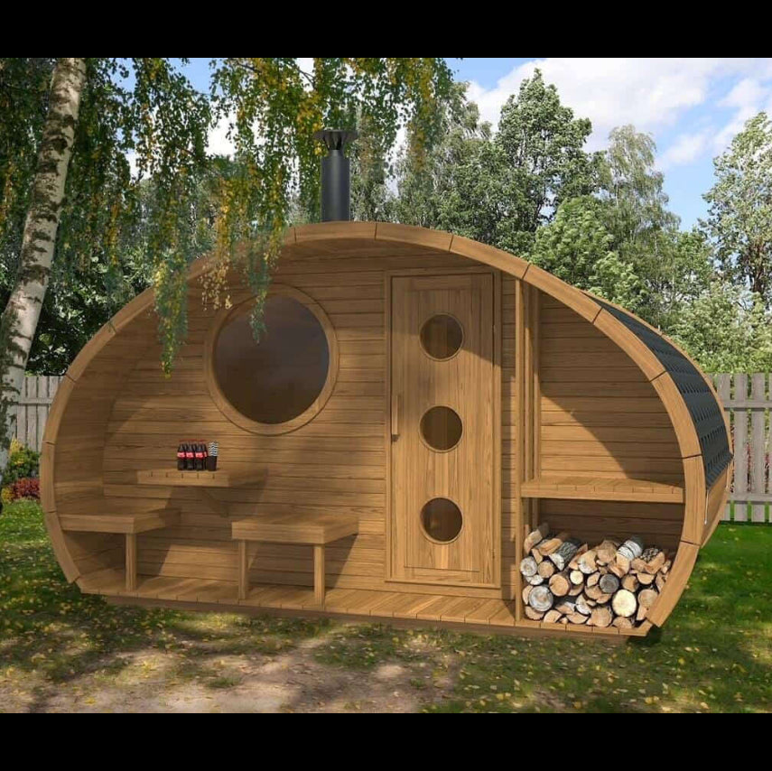 SaunaLife G11 wooden outdoor sauna with a front porch, a door, a round window, in a garden setting
