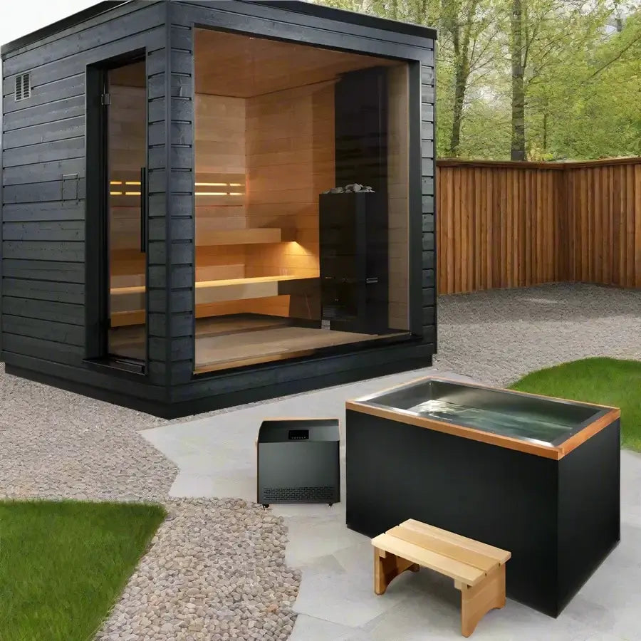 SaunaLife G6 sauna with a cold plunge next to it, in an outdoor setting