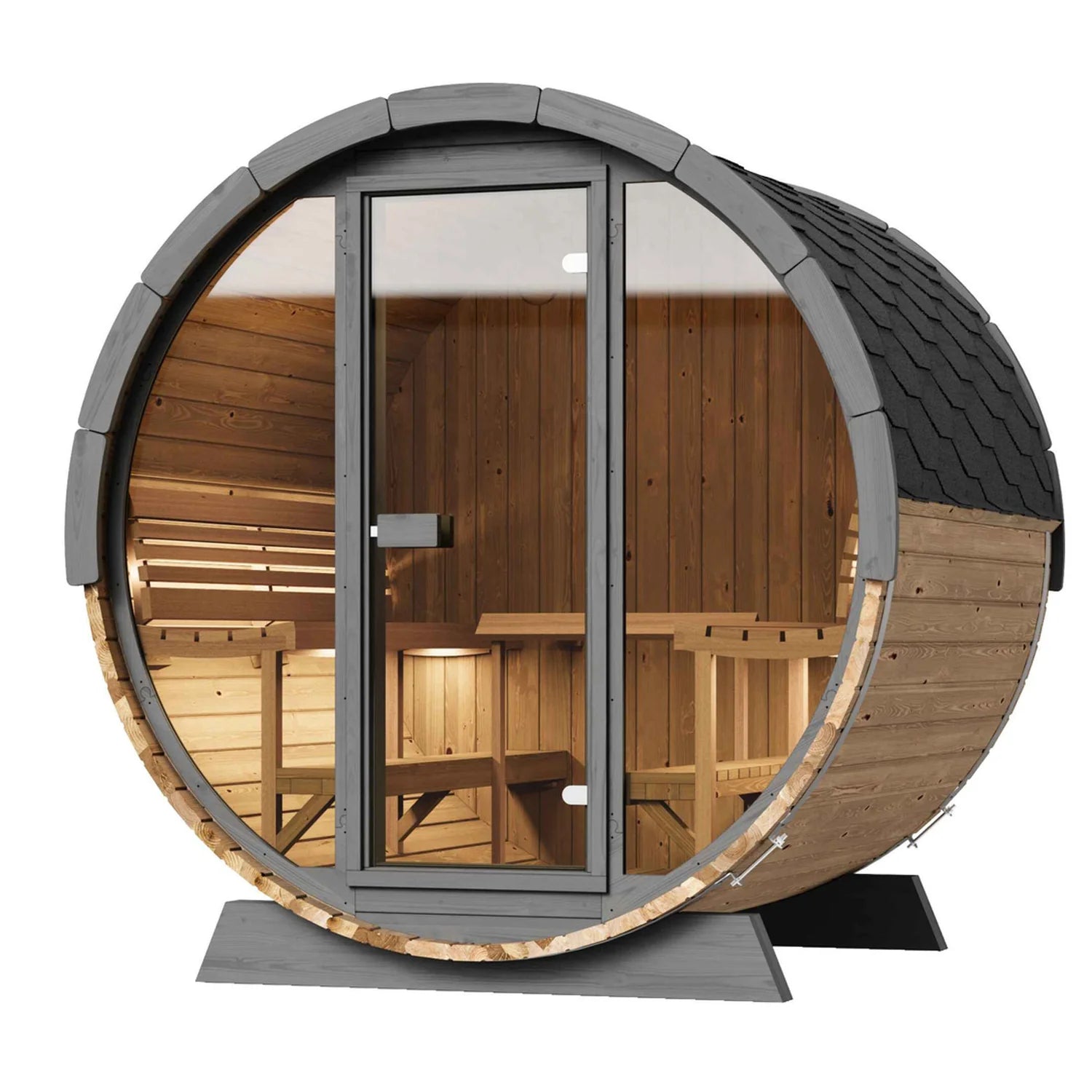 A four-person barrel sauna from SaunaLife, model EE8G, featuring a large glass door and wooden seating, set outdoors on a sunny day.