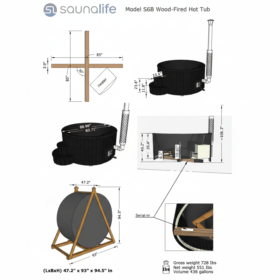 Technical diagram of the Saunalife Model S6B Wood-Fired Hot Tub with dimensions and features.