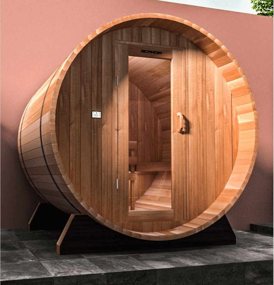 Scandia 2-8 Person Electric Barrel Sauna w/ Canopy, Electric Heater Included