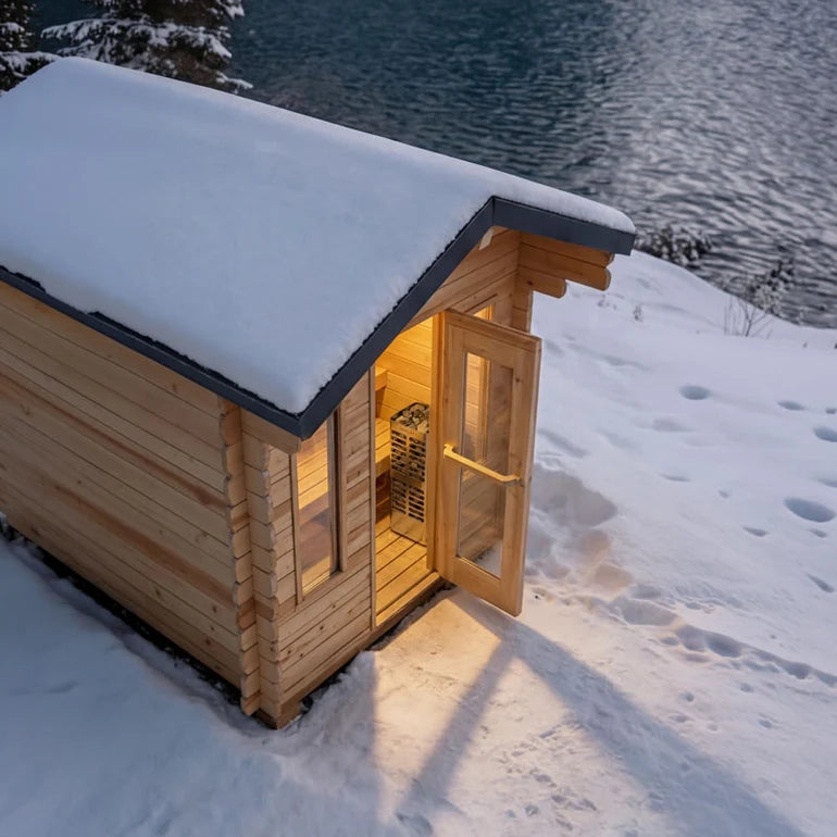 Dundalk Leisurecraft Canadian Timber 4 Person Palmer Outdoor Traditional Cabin Sauna With Roof Overhang | CTC68