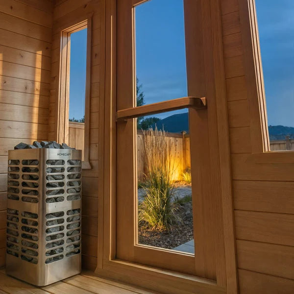 Dundalk Leisurecraft Canadian Timber 4 Person Palmer Outdoor Traditional Cabin Sauna With Roof Overhang | CTC68