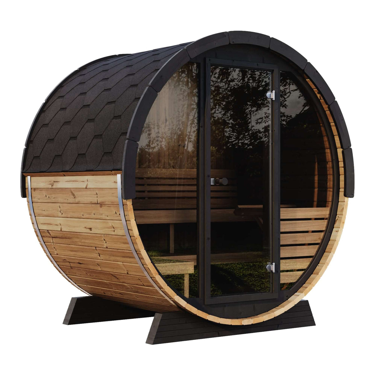 EE6G sauna, a four-person barrel sauna from SaunaLife, featuring a full glass facade and a wooden barrel structure, with an arched backrest and contoured bench for ergonomic comfort.