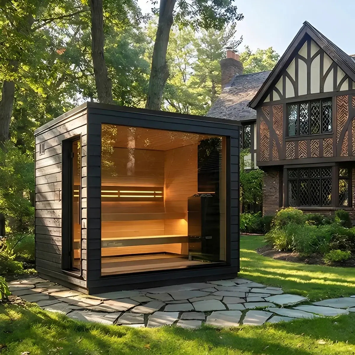 SaunaLife's G6, an outdoor sauna cabin in a garden setting with a house in the background