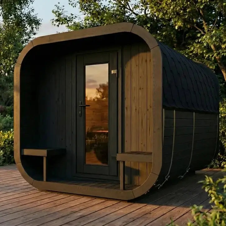 The CL12GCPB, SaunaLife's modern round wooden sauna cabin with a dark wood exterior and glass door, situated on a wooden deck in a lush garden setting with another cabin in the background.