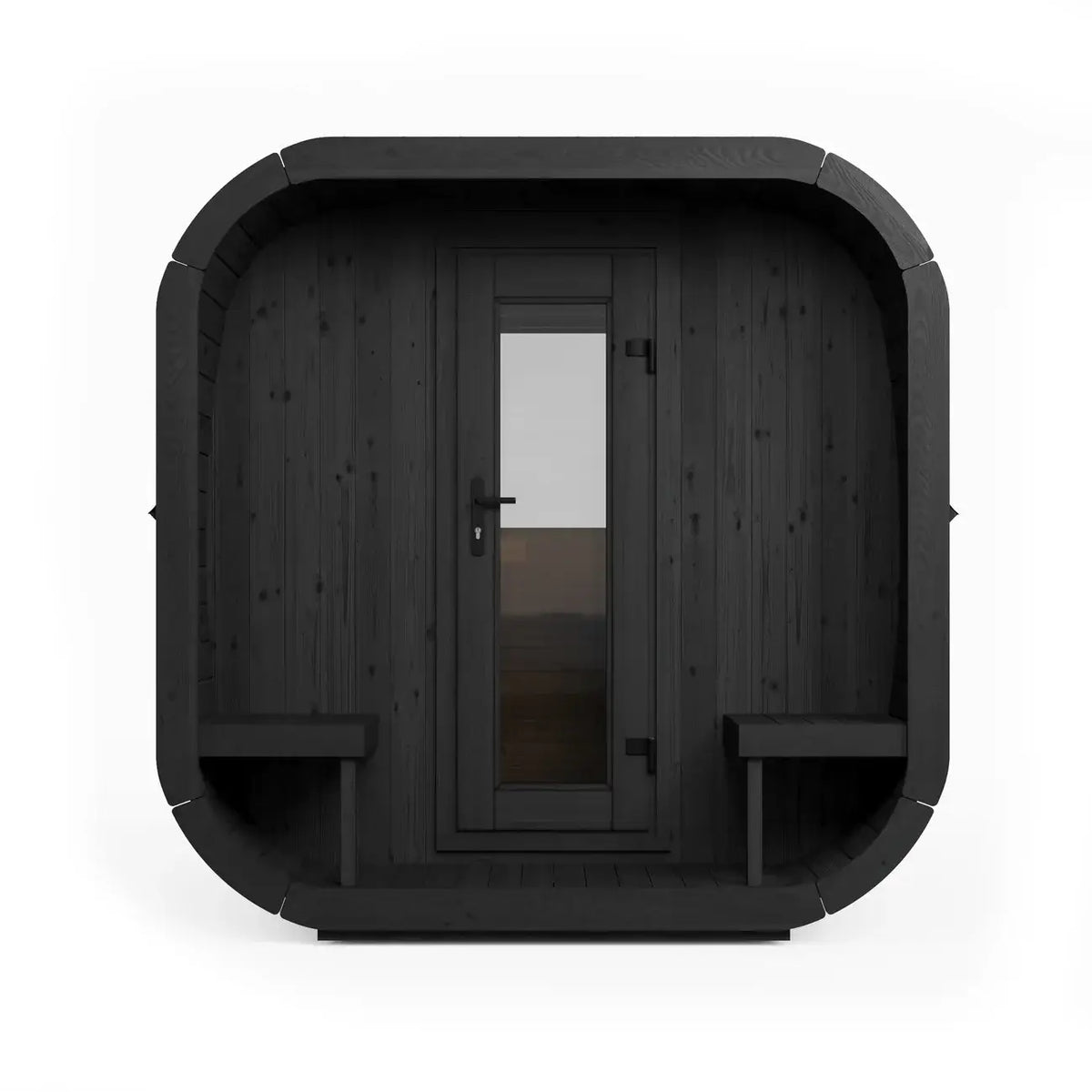 A modern, minimalist CL12GCPB outdoor sauna cabin, from SaunaLife, with a rounded square shape, constructed from dark black wood panels. It features a central glass door with a black frame and handle, built-in wooden benches on both sides, and a small step platform at the base, all set against a plain white background.