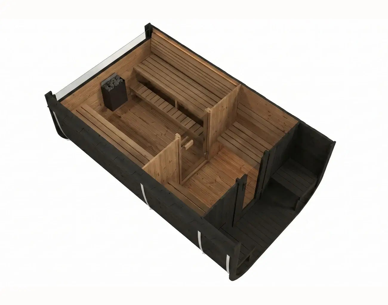 SaunaLife CL12GCPB's 3D isometric rendering. A wooden sauna cabin with a dark exterior wall, wooden interior benches, and a small black sauna heater, shown on a plain white background.