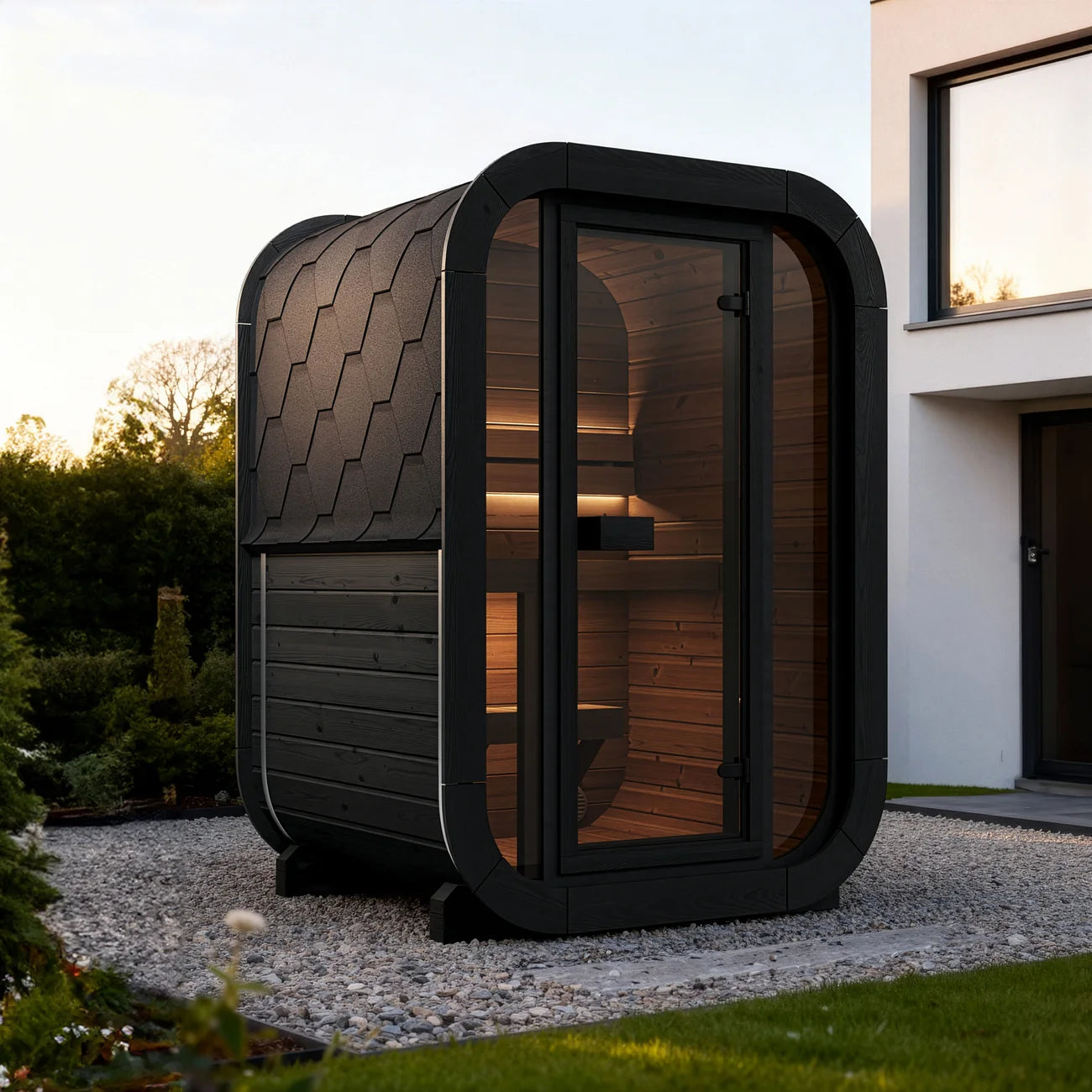 SaunaLife's modern outdoor CL3GB sauna cabin with a black frame, dark textured exterior, and warm wood interior, set on a gravel surface beside a house.