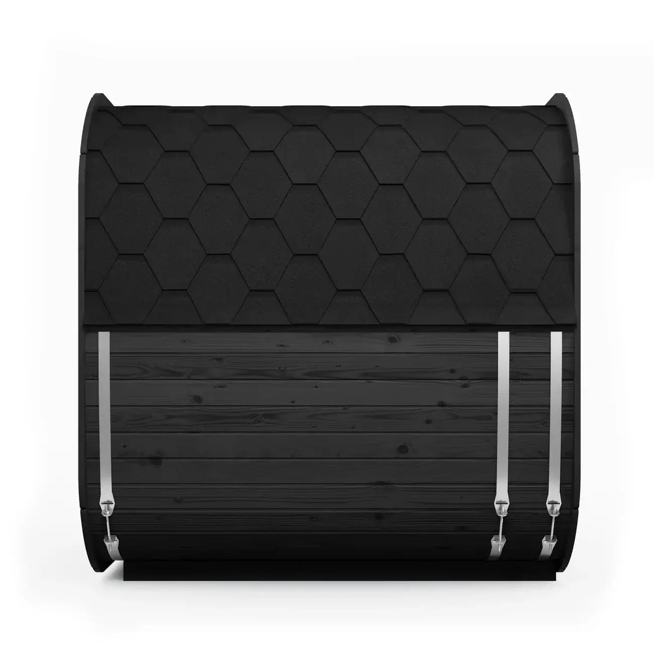 SaunaLife CL7G 6-person outdoor sauna kit with a shingle roof and sleek black wood design.