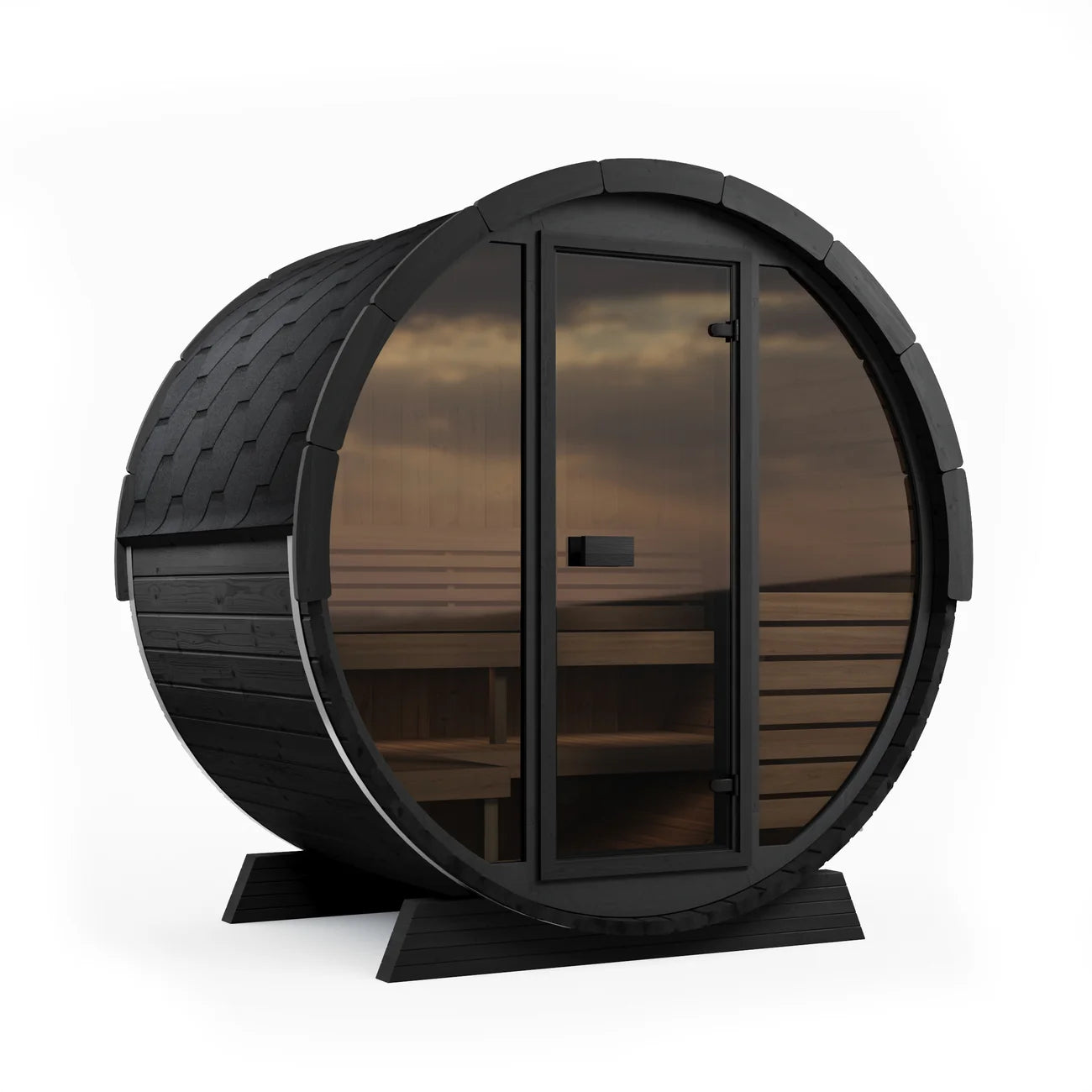 SaunaLife's EE6G wooden barrel-shaped sauna with black roof and full   glass front wall on a white background