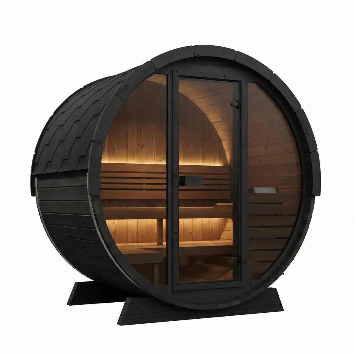 SaunaLife EE6G modern wooden sauna styled like a barrel, featuring a dark charcoal exterior, a warm wood interior with built-in benches, and a glass door and windows with a black frame, shown on a solid white background.