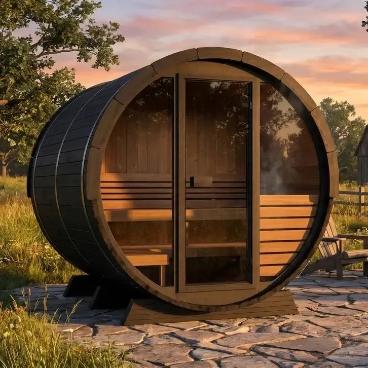 SaunaLife EE6G, a round wooden outdoor sauna cabin with a glass door, glass windows and visible steam coming from the inside, set on a stone patio in a rural yard with trees at sunset.