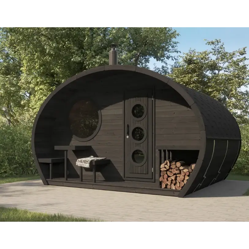 SaunaLife G11B, a wooden barrel-shaped sauna cabin with a benches, a table and firewood storage on its front porch, in a natural setting