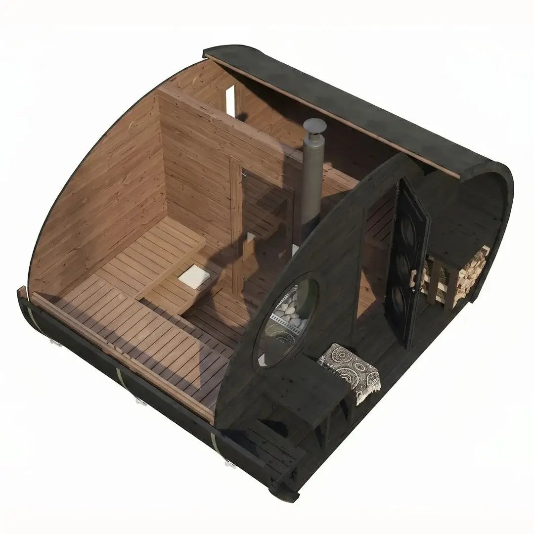 A 3D rendering of the G11B from SaunaLife, a modern wooden sauna cabin with a dark exterior, light wood interior, two chambers, and chimney stack, shown on a plain white background.