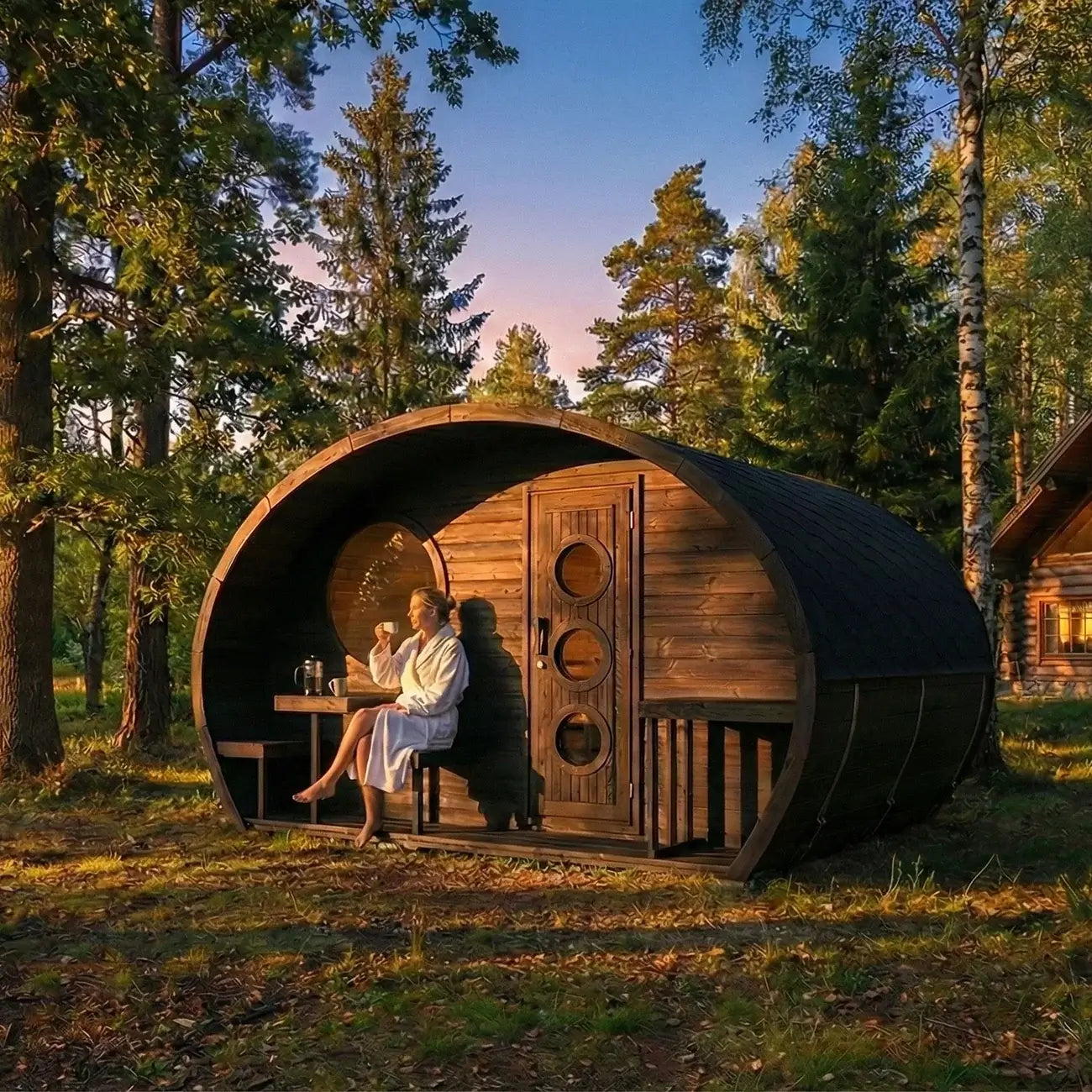 A person in a white robe sits on SaunaLife's G11 sauna cabin's porche, on a small table. The dark wooden barrel-shaped sauna cabins sits in a forest clearing at sunset.

