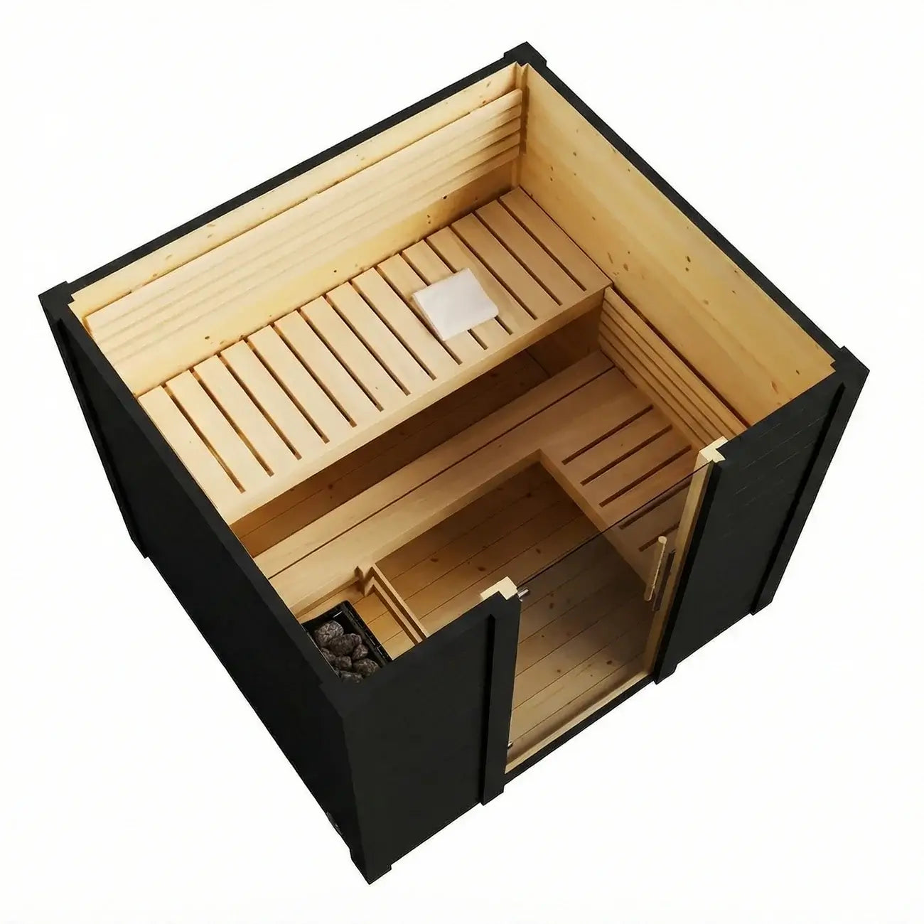 SaunaLife G2 wooden sauna cabin shown from an elevated angle, featuring a black exterior frame and natural light wood interior benches, with a sauna heater in the corner containing dark stones.