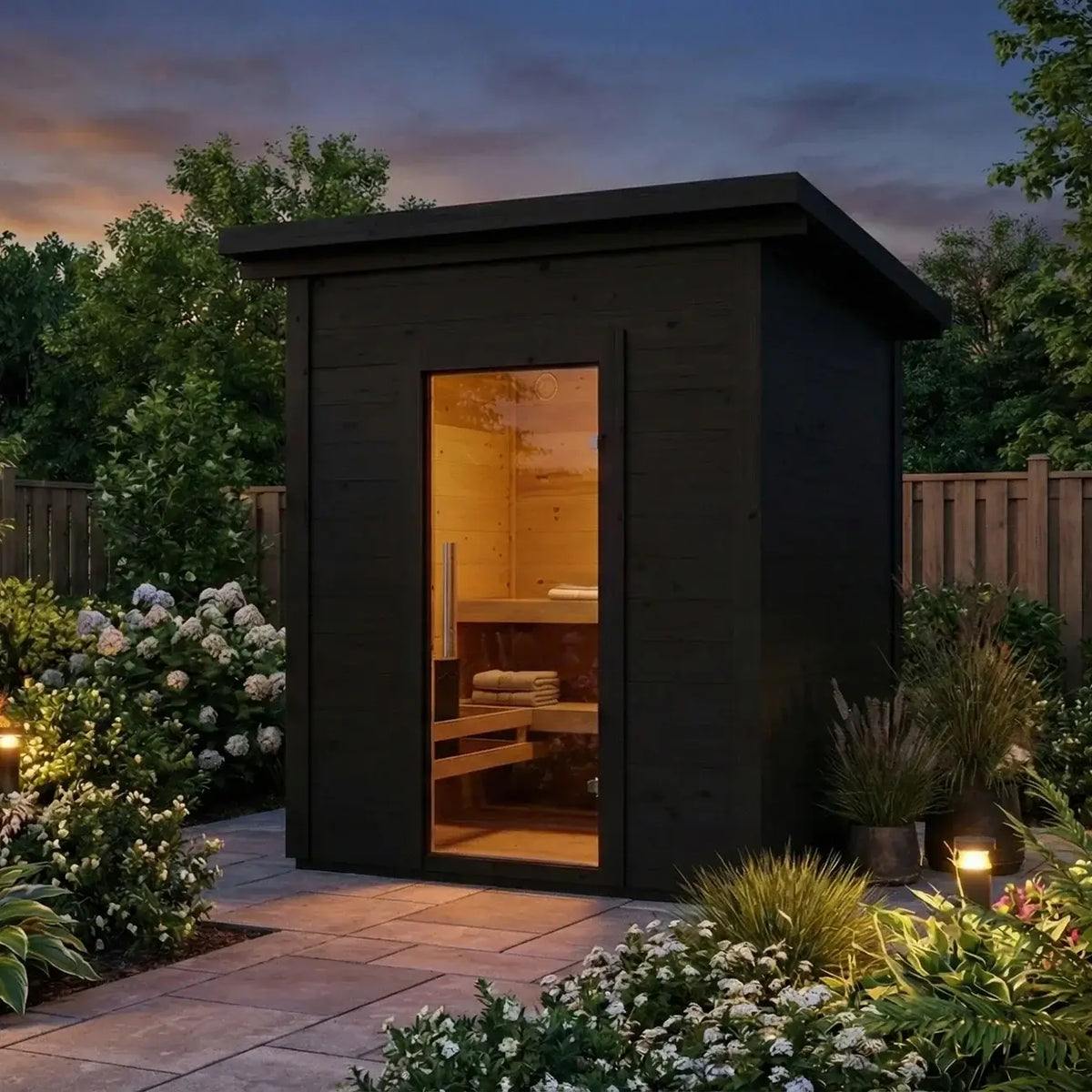 The modern outdoor SaunaLife G2  sauna cabin with dark wood siding and a warm glowing inside lighting visible through the glass door, situated on a paved garden patio at dusk with flowers and lighting around it.