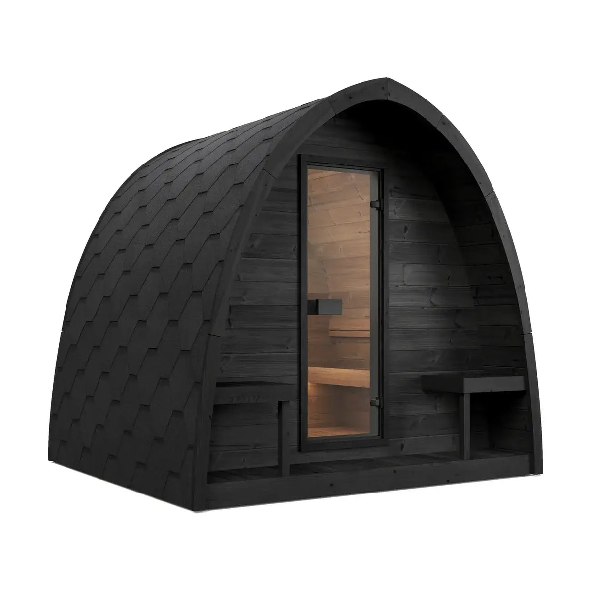 SaunaLife G3, a modern arched wooden sauna cabin with a dark charcoal-black exterior, a glass door, and warm wood interior visible through the window, shown on a plain white background.