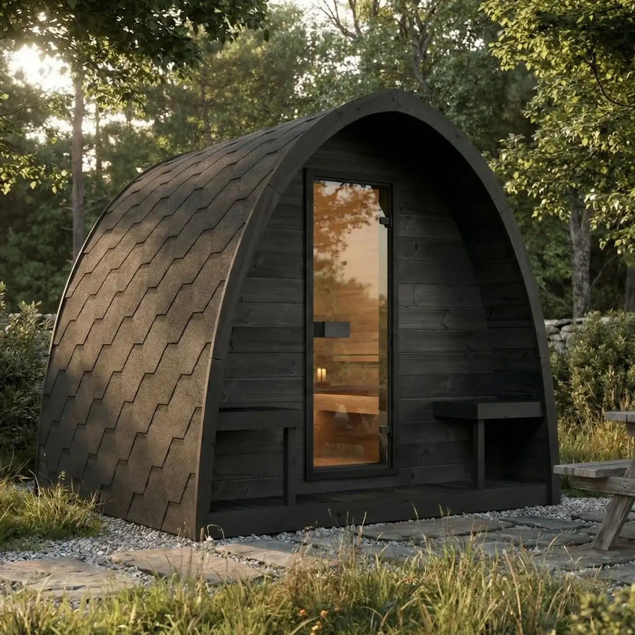 The G2B, SaunaLife's arched outdoor sauna cabin, with a dark wood finish and a large glass door, shown in a wooded setting with grass, trees, and a stone path.
