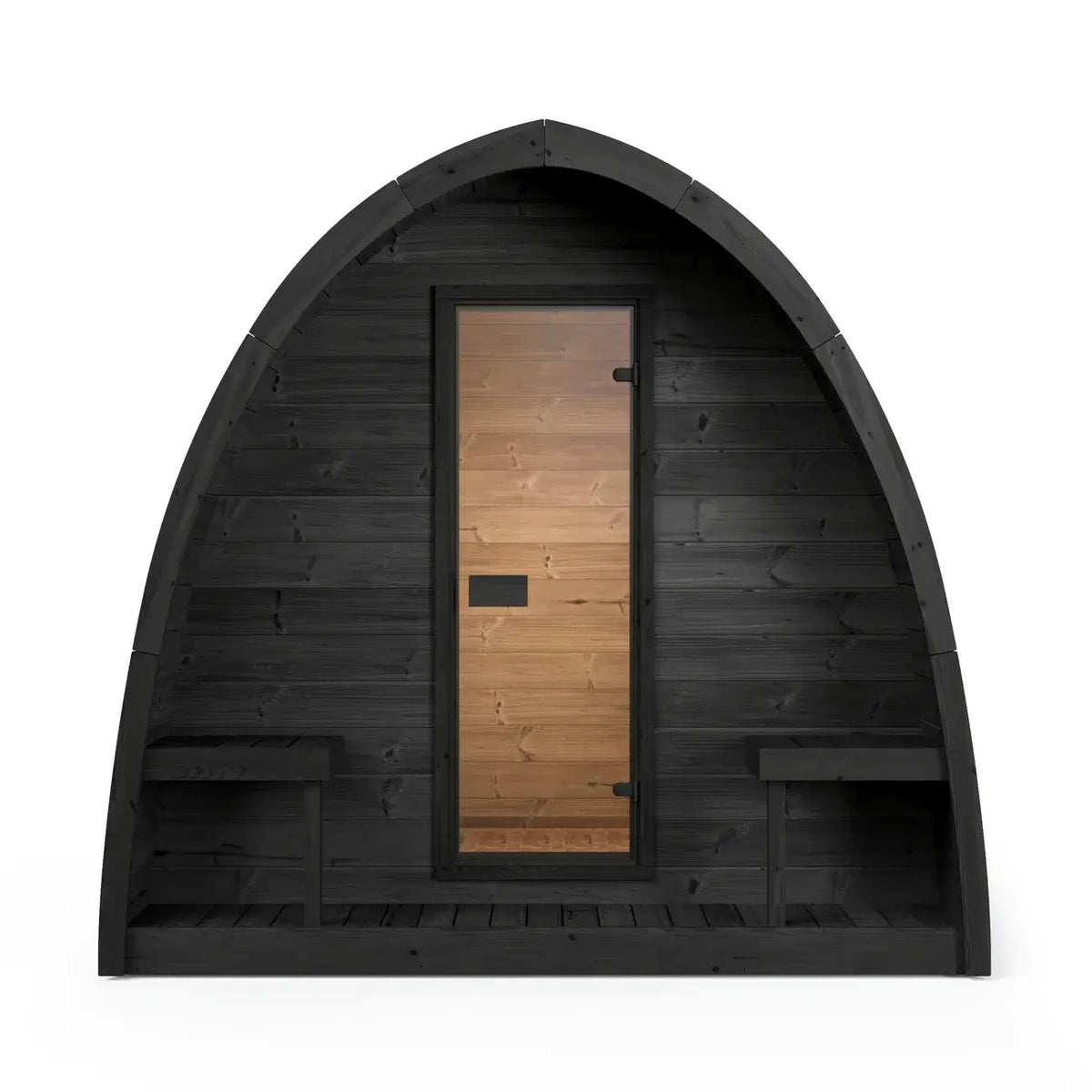 SaunaLife G3B modern arched wooden sauna cabin with a black exterior, light brown wood interior walls, and a central wooden door, shown on a plain white background.