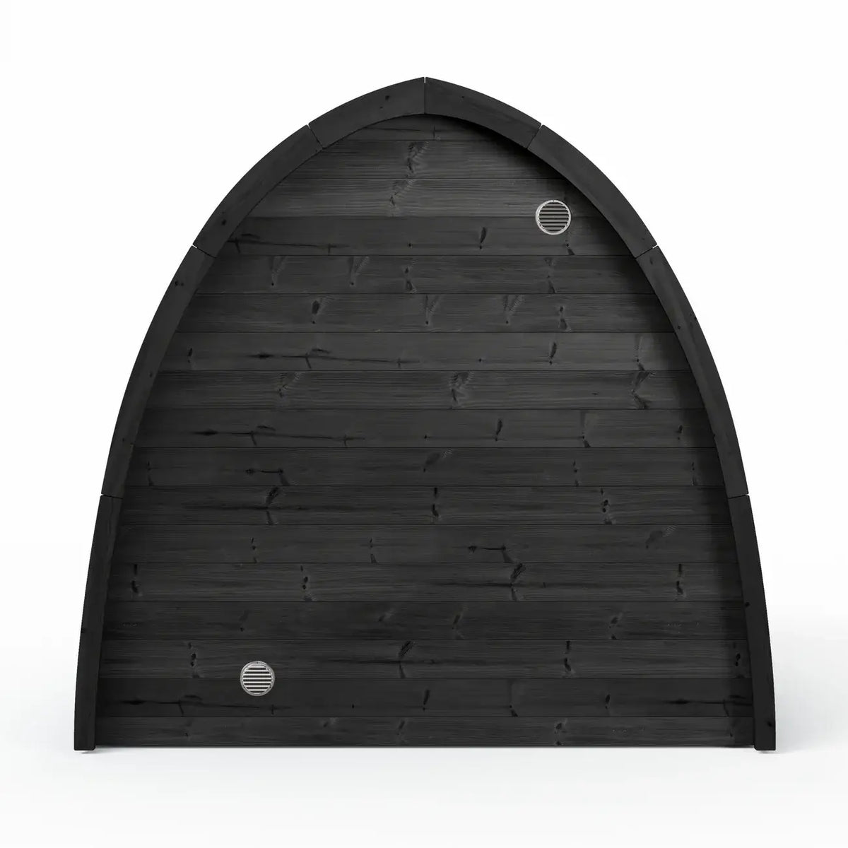 SaunaLife G3 black arched wooden sauna with horizontal panels and two circular metal ventilation, shown on a plain white background.