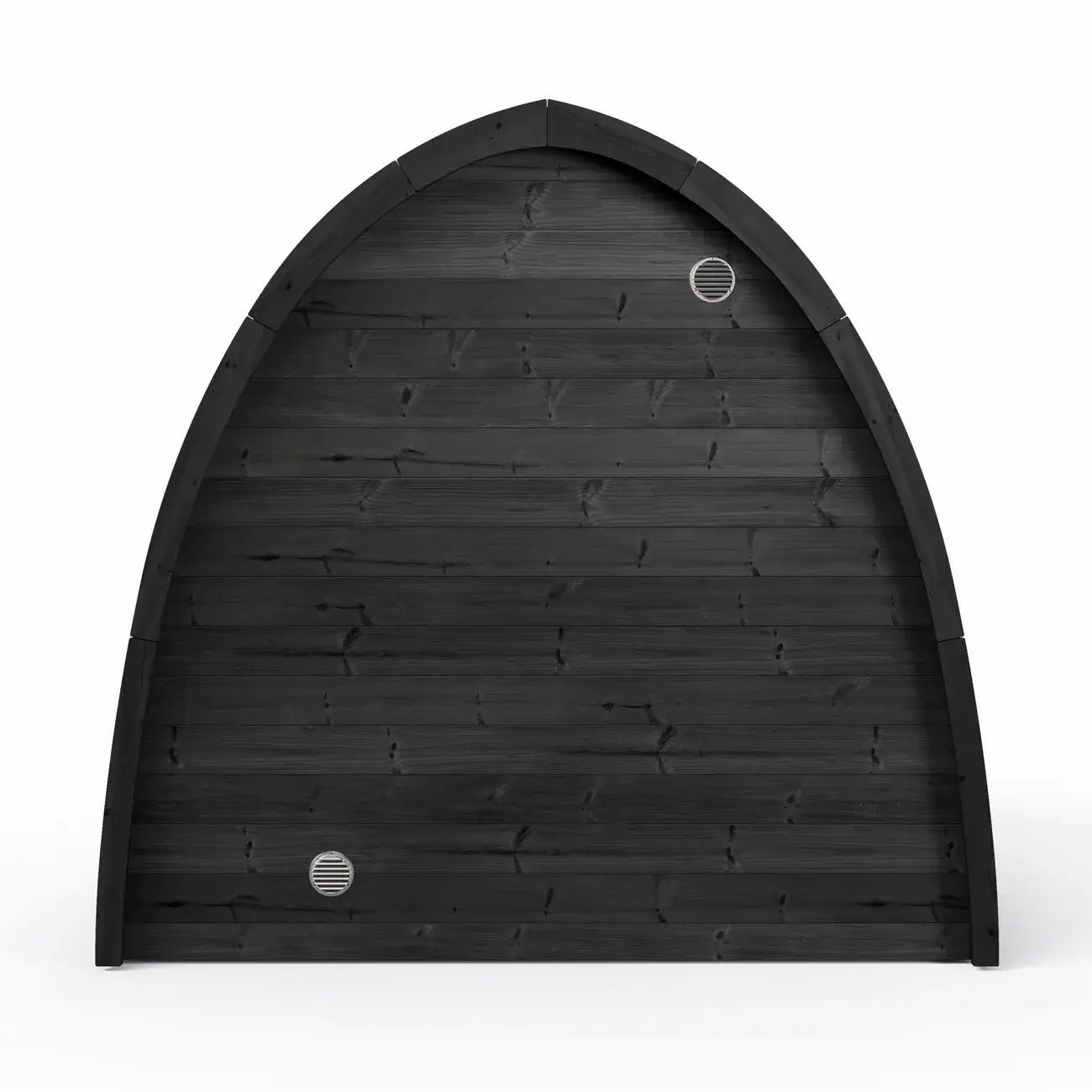 SaunaLife G3 black arched wooden sauna with horizontal panels and two circular metal ventilation, shown on a plain white background.