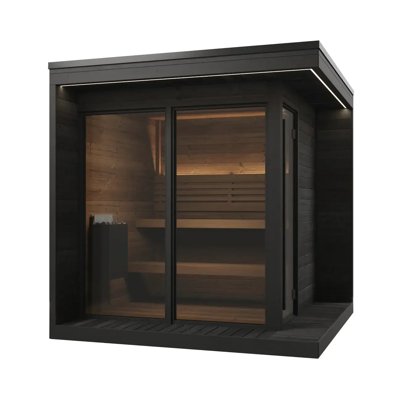 SaunaLife GL6 wooden sauna with black frame on a white background.