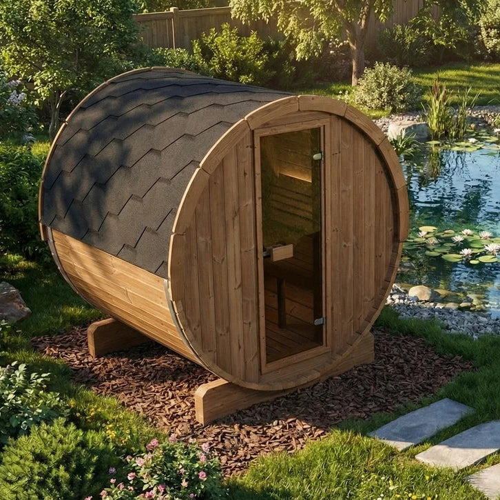 SaunaLife E6 wooden barrel-style sauna cabin with a dark shingled dome roof sits beside a small garden pond in a landscaped backyard with grass, plants, and stone steps.