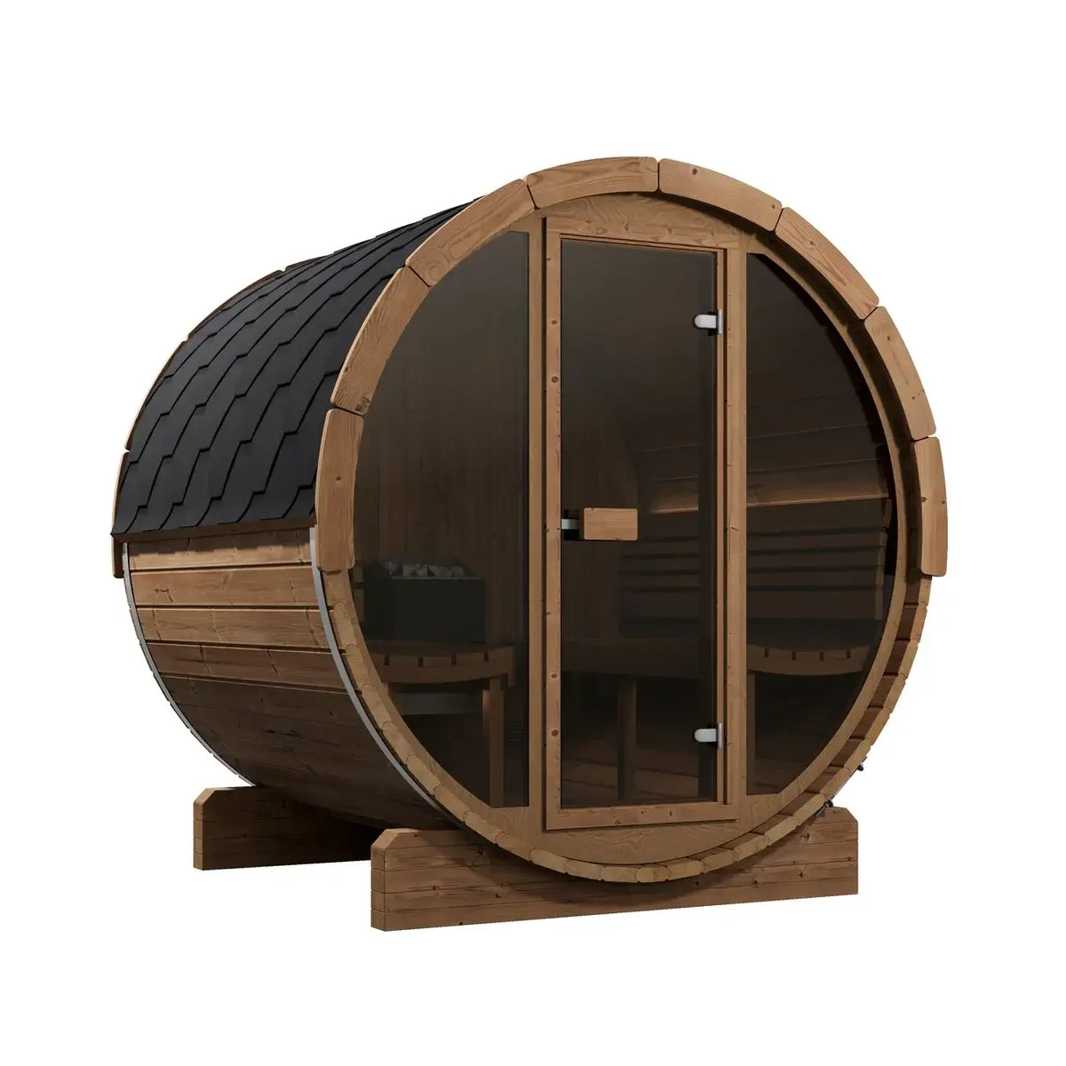 SaunaLife E7G, 4 person wooden barrel-style sauna with a dark shingled dome roof, with full front glass wall, and visible interior benches, shown on a plain white background.