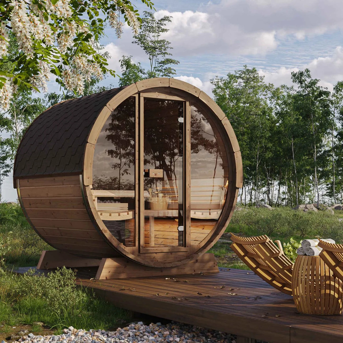 SaunaLife E7G 4-Person Barrel Sauna w/ Glass Front | Ergo Model E7G