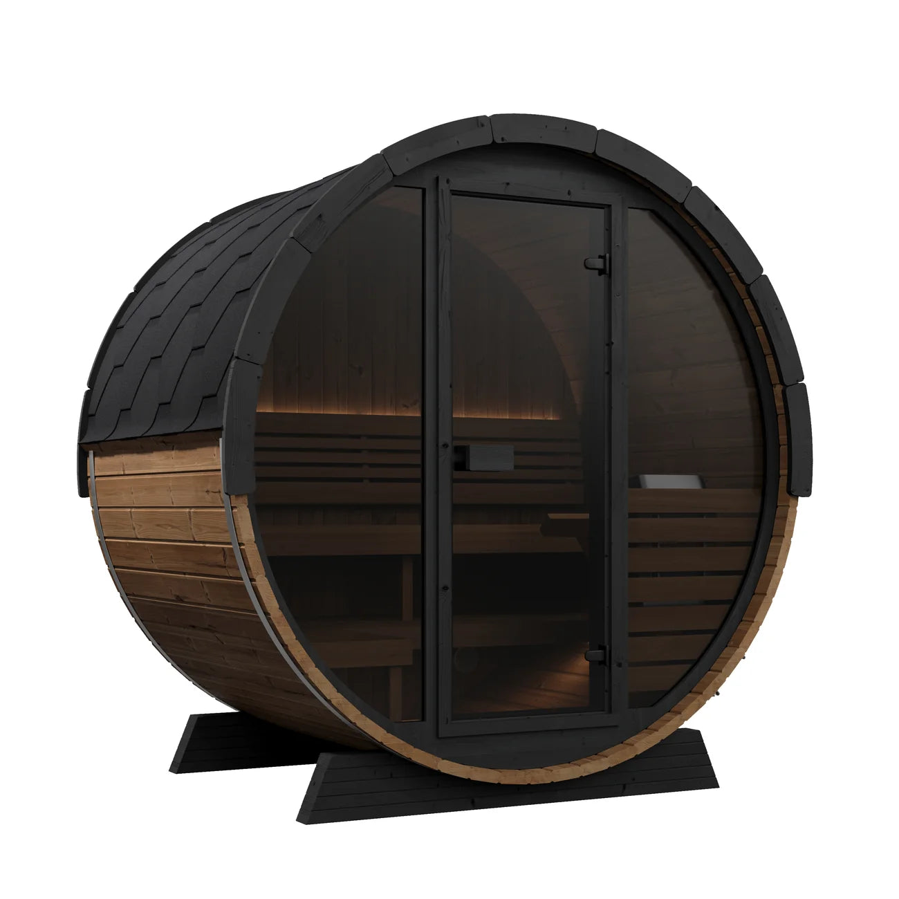 SaunaLife's EE6G wooden barrel-shaped sauna with black roof and full   glass front wall on a white background