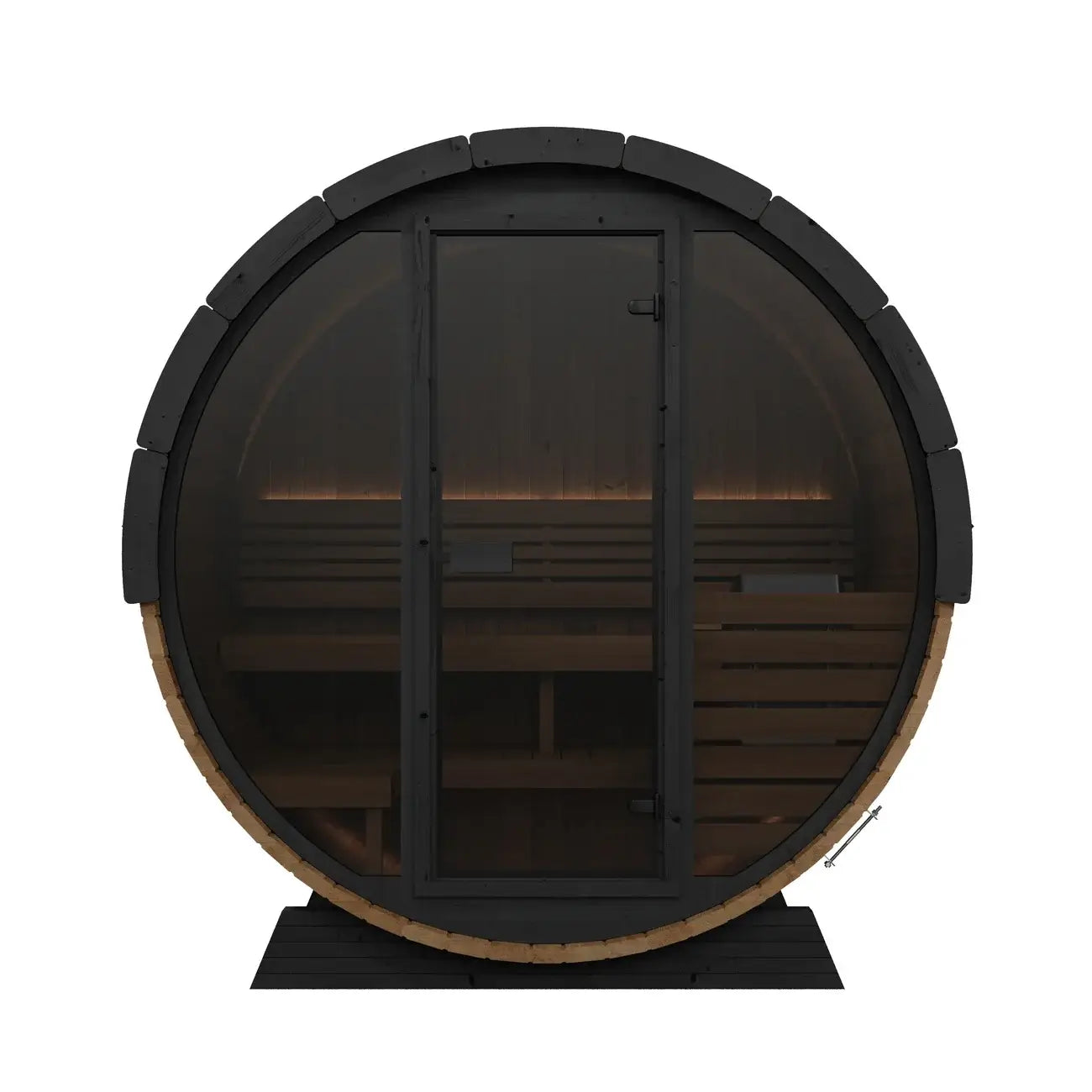 EE6G wooden barrel sauna by SaunaLife, with a dark interior on a white background