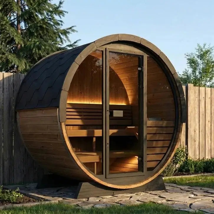 SaunaLife EE6G wooden barrel-shaped sauna in a garden setting with trees and a wooden fence.