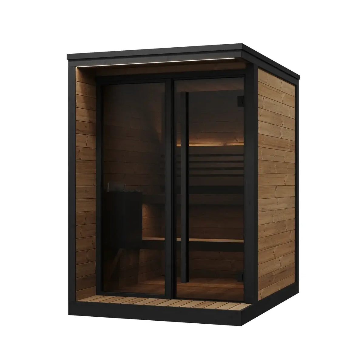 SaunaLife GL4, a modern four-person sauna cabin with warm brown wood paneling, a black metal frame, a glass door and window, shown on a plain white background.