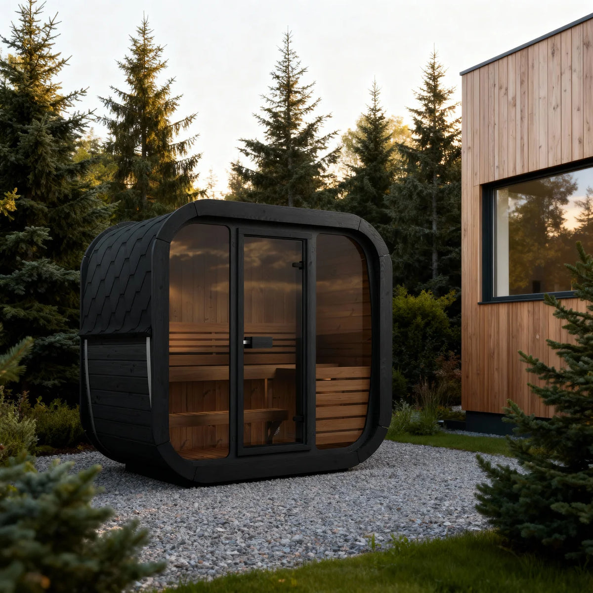 SaunaLife CL4GB, a modern outdoor sauna cabin with a black shell and wooden interior, situated on a gravel path beside a wooden house and evergreen trees.