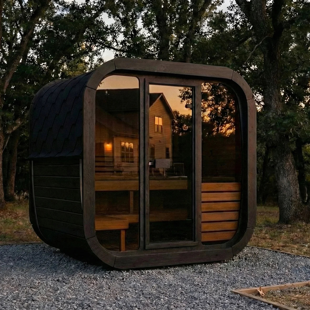 SaunaLife CL5GB, a modern cube-style outdoor sauna cabin with dark wood framing, a glass door and large windows, shown on a gravel surface in a wooded setting at dusk. The interior is warmly lit, and trees are visible in the background.