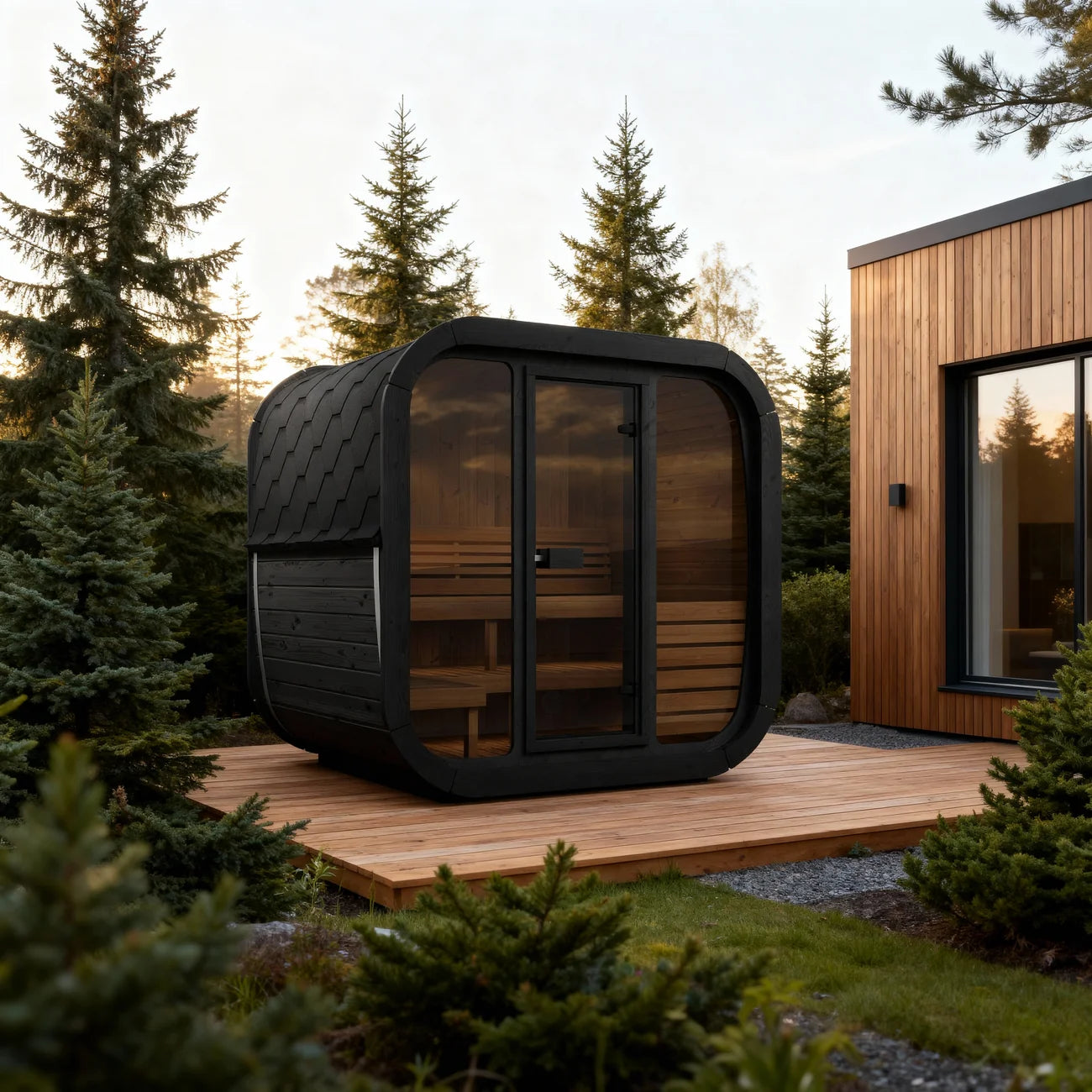 SaunaLife CL5GB, a modern black outdoor sauna cabin with a large glass door and windows and visible wooden benches, situated on a wooden deck beside a wood-clad house in a forest setting.