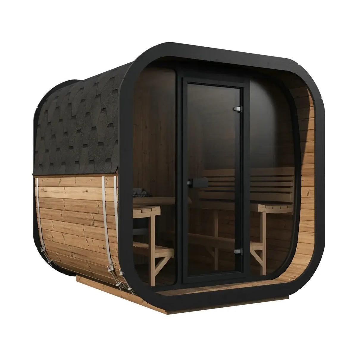 SaunaLife's CL7G modern outdoor sauna cabin with a black textured exterior, glass double doors, and warm wood interior benches, shown on a plain white background.