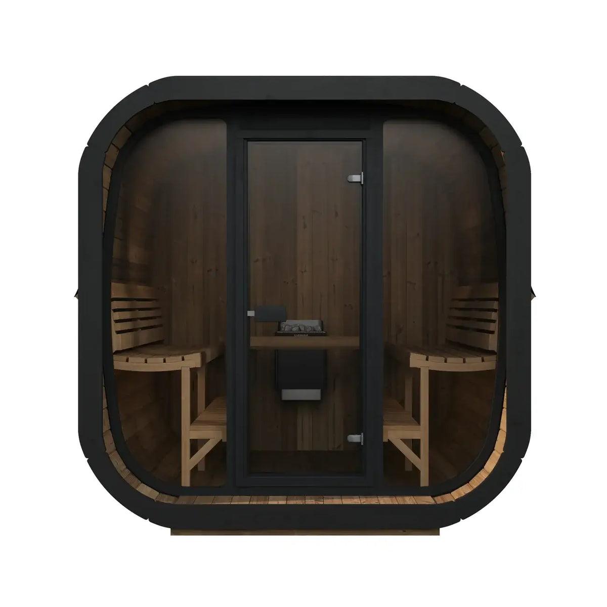 Interior view of the SaunaLife CL7G 6-Person Cube-Series Outdoor Sauna Kit showcasing seating and design.