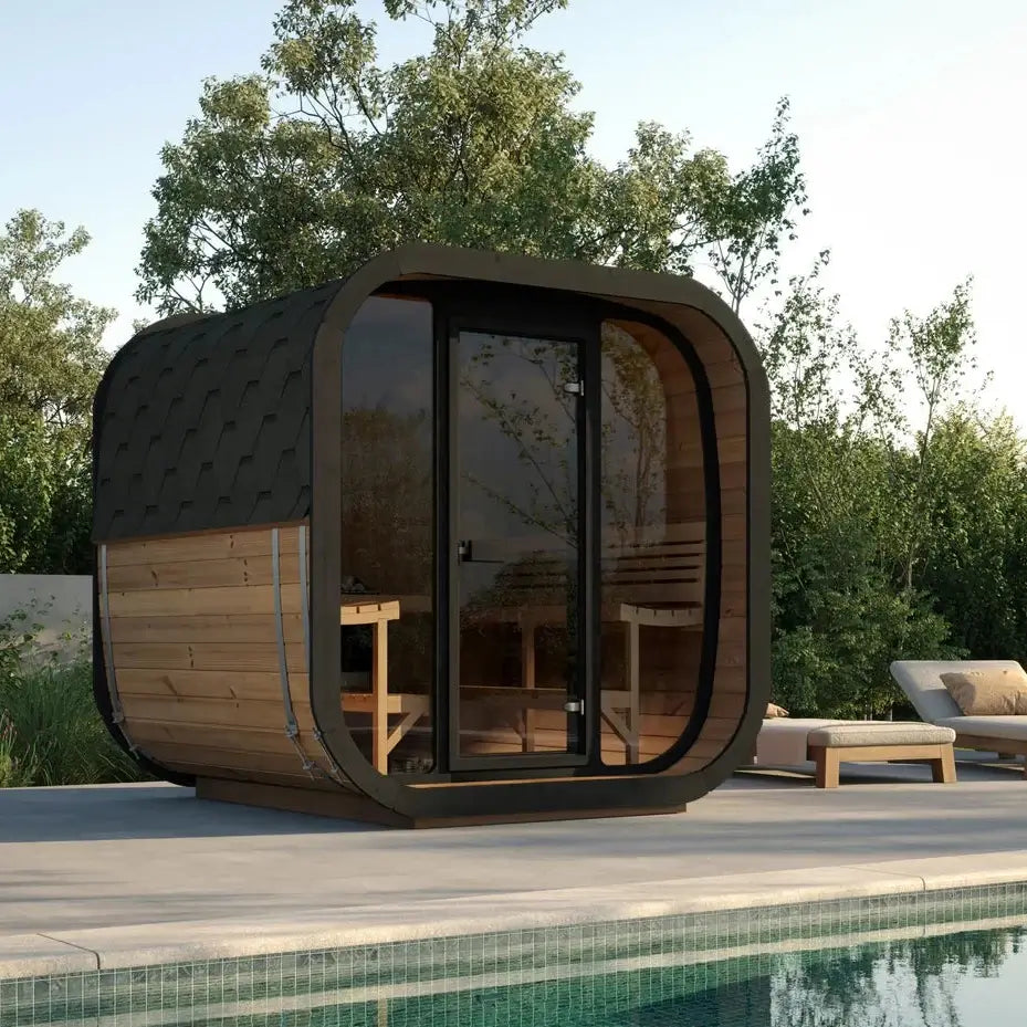 Modern outdoor CL7G SaunaLife sauna cabin with wooden interior by a poolside.