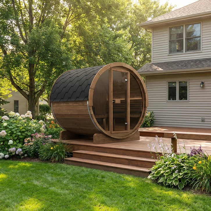 SaunaLife E7G 4-Person Barrel Sauna w/ Glass Front | Ergo Model E7G