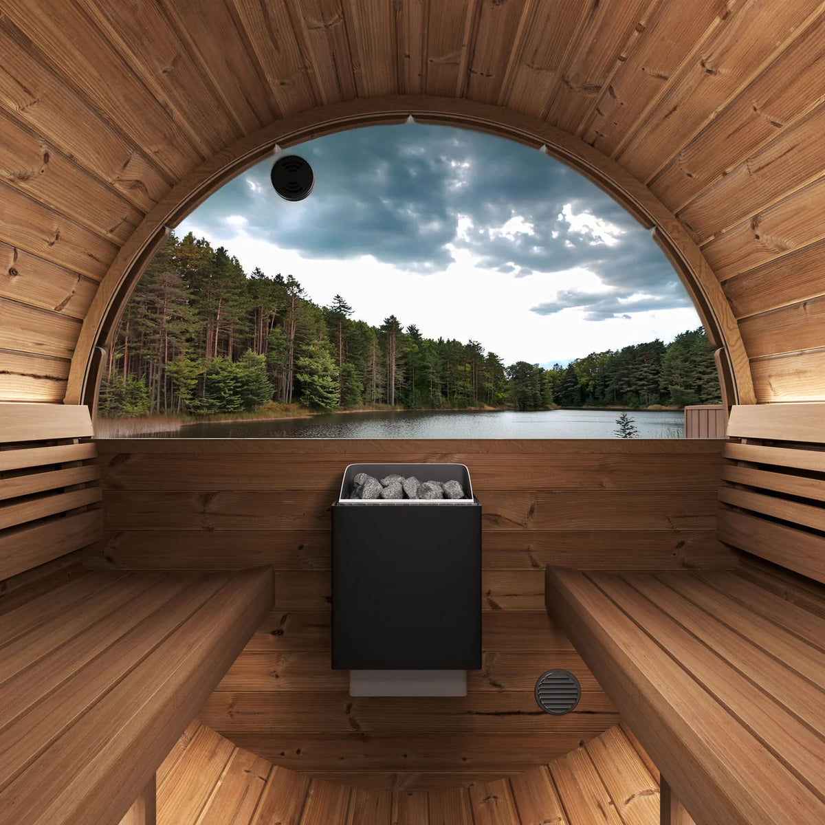 SaunaLife E7W 4-Person Barrel Sauna w/ Rear Window | Ergo Model E7W