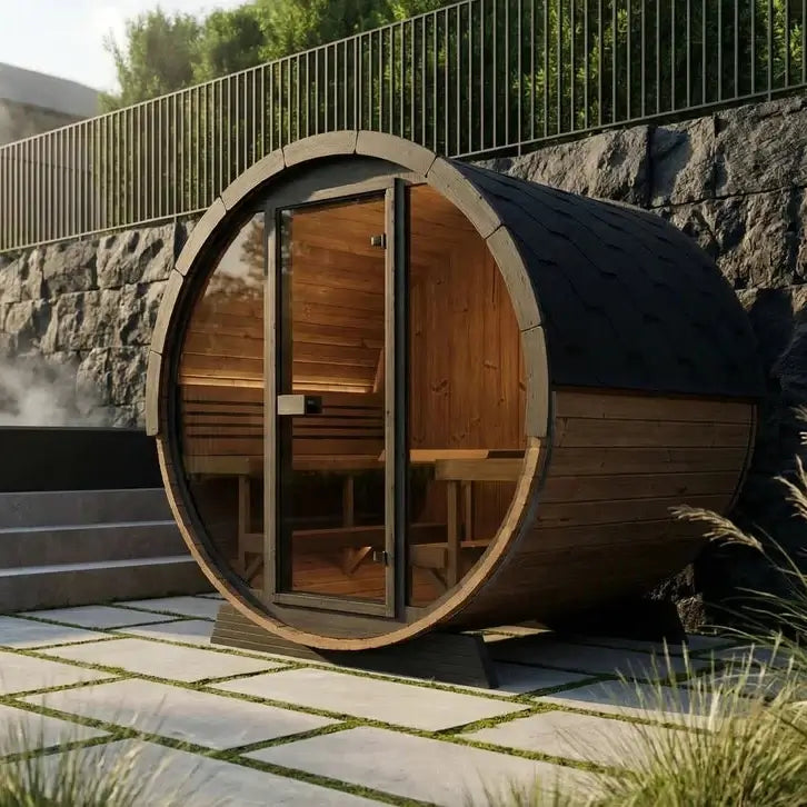 The round wooden EE8G sauna cabin by SaunaLife, with a glass door and windows, sits outdoors on a stone patio beside a stone wall, with steam rising from the interior of a steam bath nearby and tall grass in the foreground.
